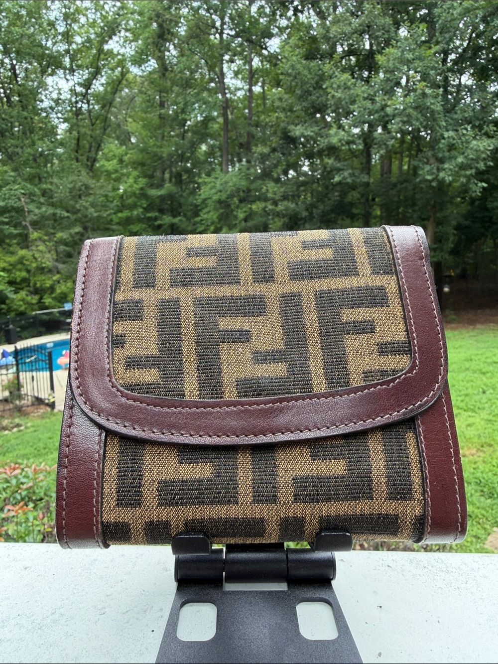 Fendi Brown Zucca Monogram Canvas Bifold Wallet with Maroon Leather Trim